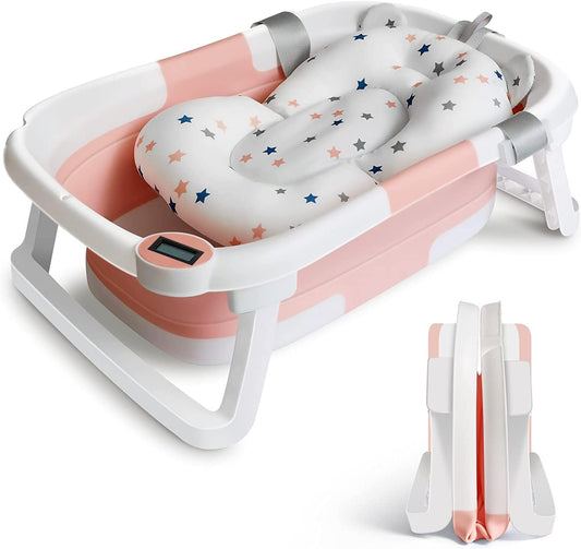 Folding Baby Bath Tub + Plastic Cushion Seat - Pink